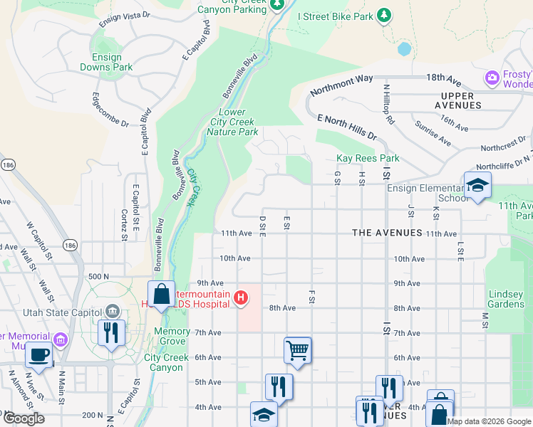 map of restaurants, bars, coffee shops, grocery stores, and more near 354 Capitol Park Avenue in Salt Lake City