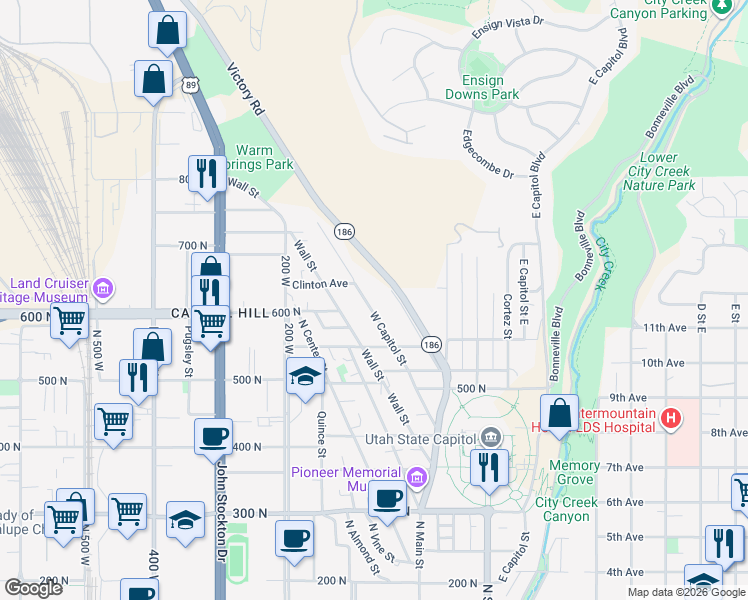 map of restaurants, bars, coffee shops, grocery stores, and more near 641 Victory Road in Salt Lake City