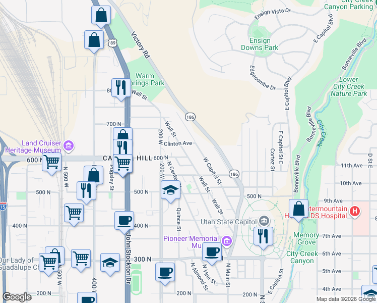 map of restaurants, bars, coffee shops, grocery stores, and more near 648 West Capitol Street in Salt Lake City