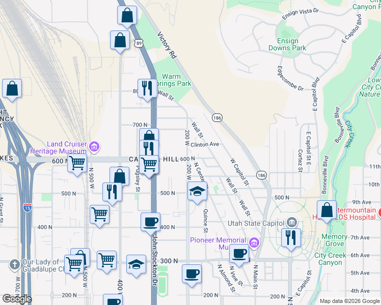 map of restaurants, bars, coffee shops, grocery stores, and more near 649 North 200 West in Salt Lake City