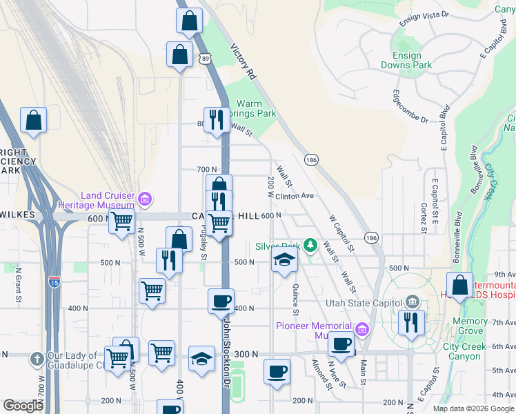 map of restaurants, bars, coffee shops, grocery stores, and more near 649 North 200 West in Salt Lake City