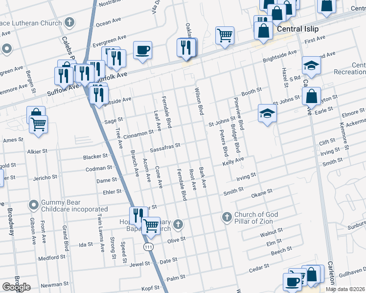map of restaurants, bars, coffee shops, grocery stores, and more near 184 Root Avenue in Central Islip