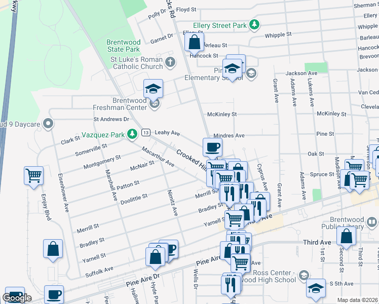 map of restaurants, bars, coffee shops, grocery stores, and more near 20 Leahy Avenue in Brentwood
