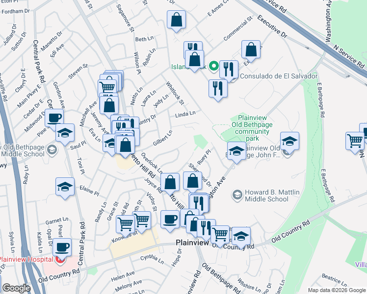 map of restaurants, bars, coffee shops, grocery stores, and more near 29 Elmwood Court in Plainview