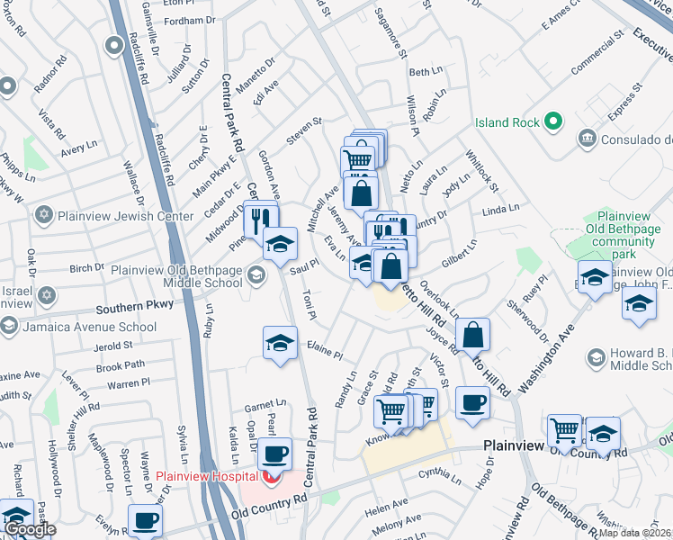 map of restaurants, bars, coffee shops, grocery stores, and more near 12 Eva Lane in Plainview
