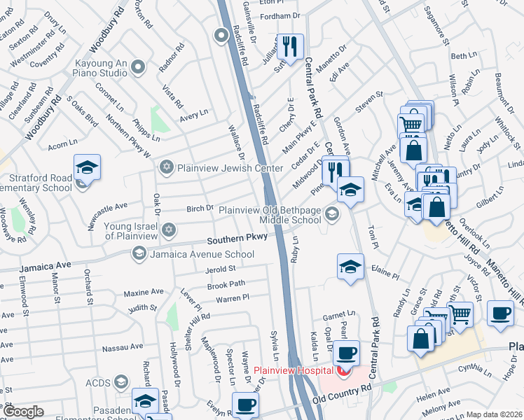map of restaurants, bars, coffee shops, grocery stores, and more near 19 Wallace Drive in Plainview