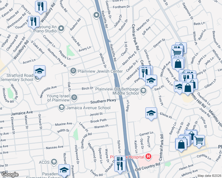 map of restaurants, bars, coffee shops, grocery stores, and more near 5 Birch Drive in Plainview