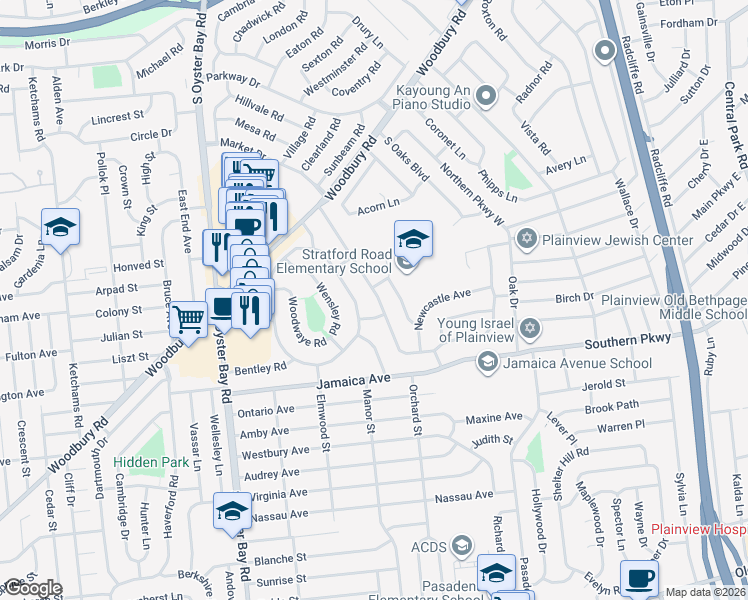 map of restaurants, bars, coffee shops, grocery stores, and more near 29 Stratford Road in Plainview