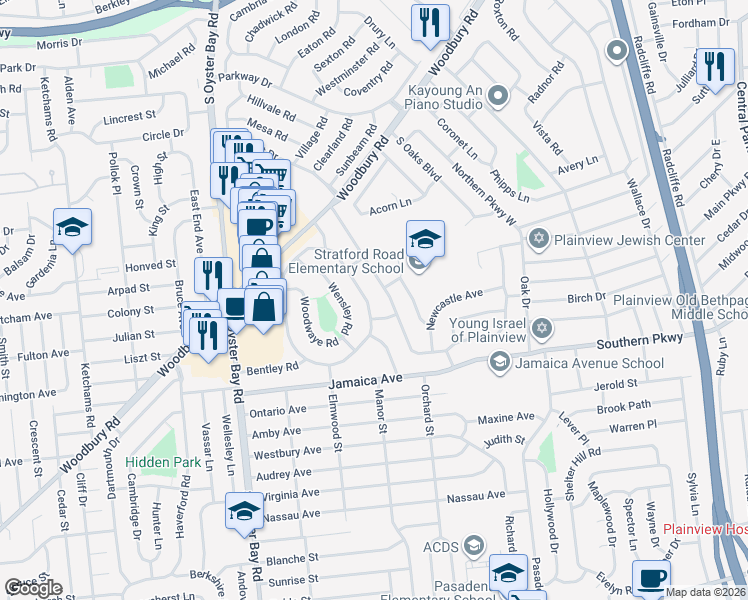 map of restaurants, bars, coffee shops, grocery stores, and more near 29 Stratford Road in Plainview