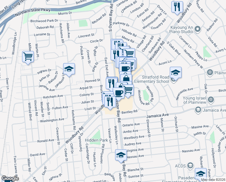 map of restaurants, bars, coffee shops, grocery stores, and more near 399 South Oyster Bay Road in Plainview