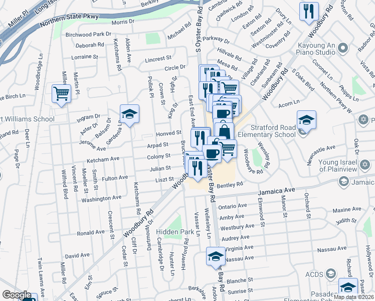 map of restaurants, bars, coffee shops, grocery stores, and more near 32 East End Avenue in Hicksville