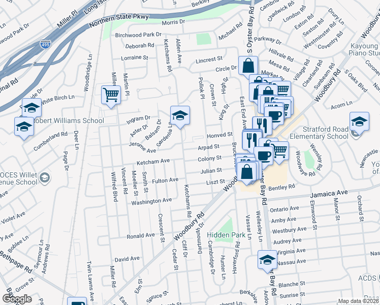 map of restaurants, bars, coffee shops, grocery stores, and more near 39 Arpad Street in Hicksville