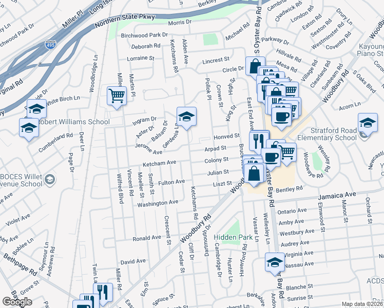map of restaurants, bars, coffee shops, grocery stores, and more near 39 Arpad Street in Hicksville