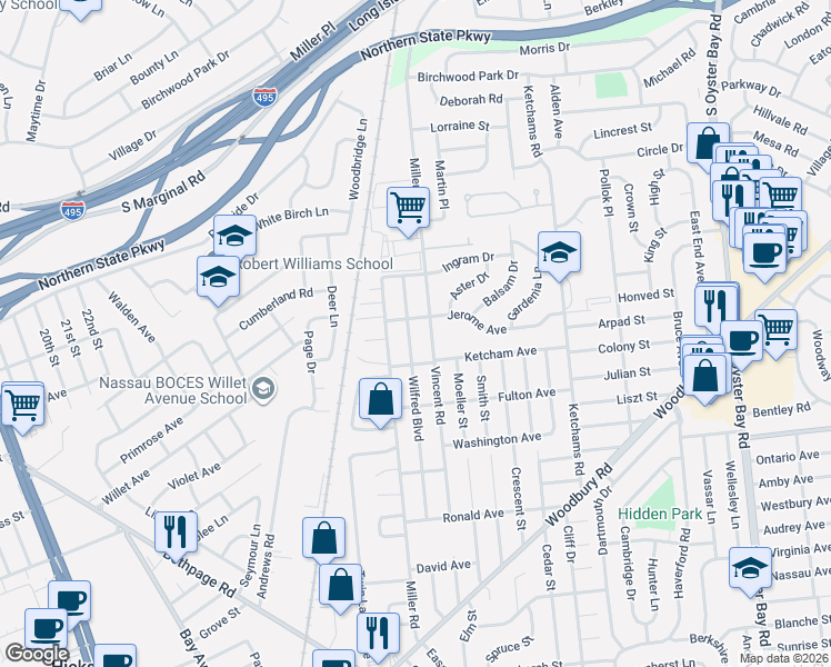 map of restaurants, bars, coffee shops, grocery stores, and more near 10 Jerome Avenue in Hicksville
