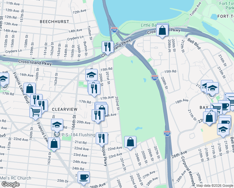 map of restaurants, bars, coffee shops, grocery stores, and more near 16-1-16-99 202nd Street in Queens