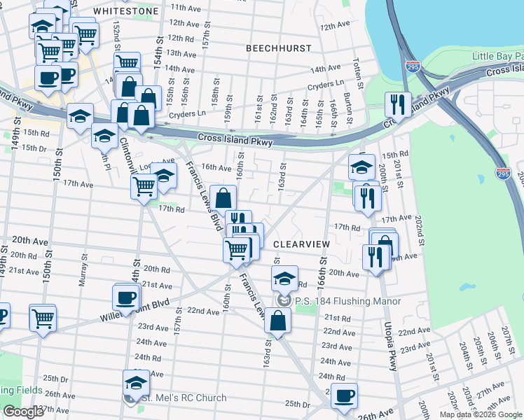 map of restaurants, bars, coffee shops, grocery stores, and more near 160-17 17th Avenue in Queens