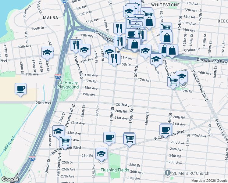 map of restaurants, bars, coffee shops, grocery stores, and more near 1729 149th Street in Queens