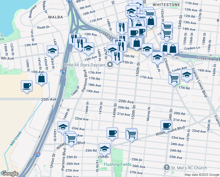 map of restaurants, bars, coffee shops, grocery stores, and more near 147-18 17th Road in Queens