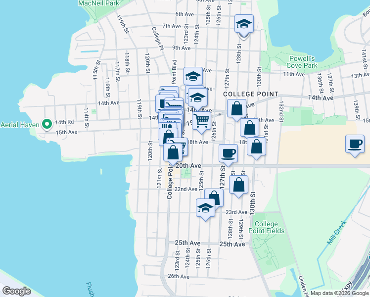 map of restaurants, bars, coffee shops, grocery stores, and more near 122-17 18th Avenue in Queens