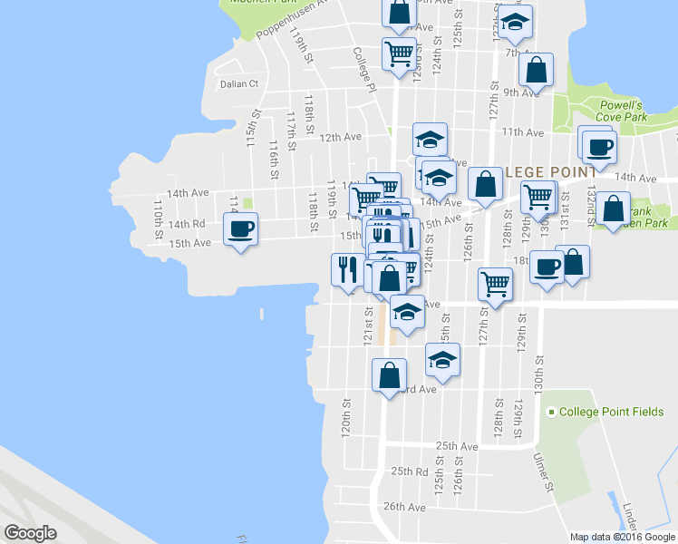 map of restaurants, bars, coffee shops, grocery stores, and more near 15-20 120th Street in Queens