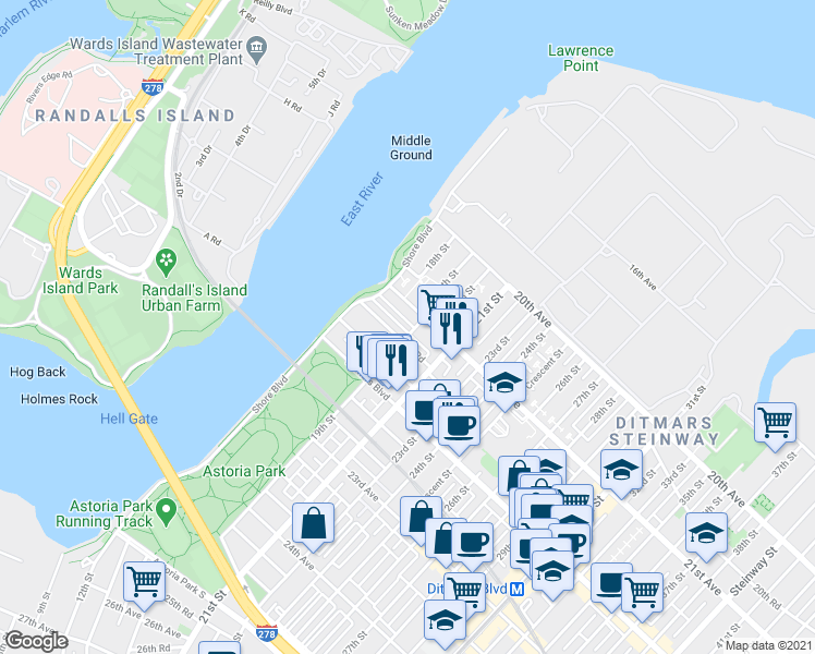 map of restaurants, bars, coffee shops, grocery stores, and more near in Queens