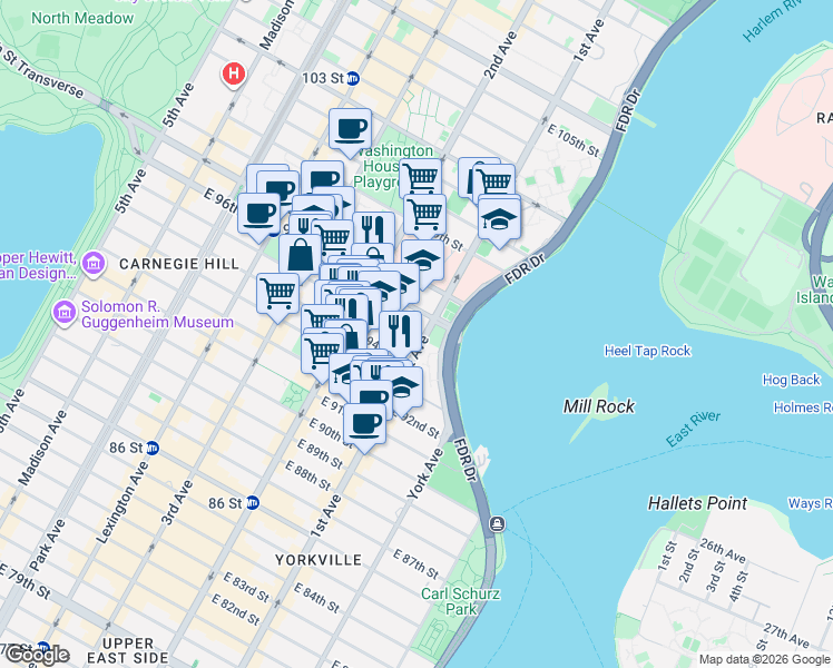 map of restaurants, bars, coffee shops, grocery stores, and more near 334 East 96th Street in New York