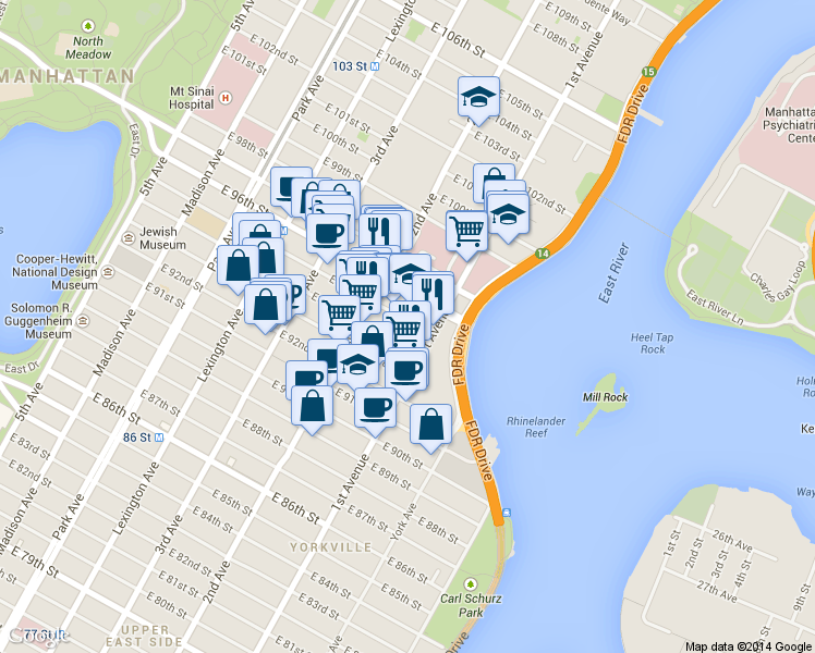 map of restaurants, bars, coffee shops, grocery stores, and more near 334 East 96th Street in New York