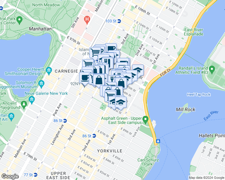 map of restaurants, bars, coffee shops, grocery stores, and more near 239 East 94th Street in New York
