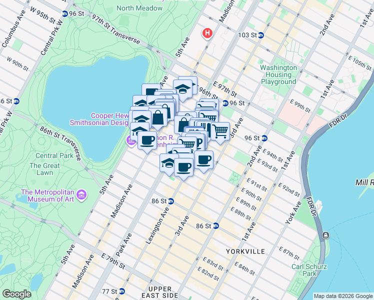 map of restaurants, bars, coffee shops, grocery stores, and more near 1147 Park Avenue in New York