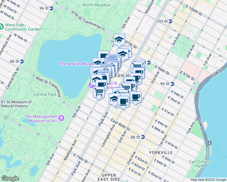 map of restaurants, bars, coffee shops, grocery stores, and more near 64 East 91st Street in New York