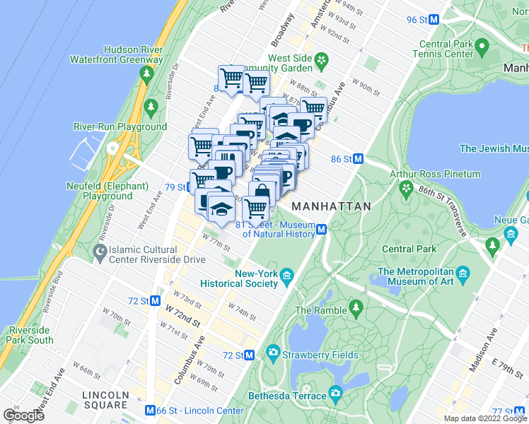 map of restaurants, bars, coffee shops, grocery stores, and more near in New York