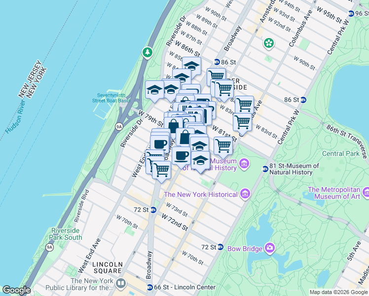 map of restaurants, bars, coffee shops, grocery stores, and more near in New York
