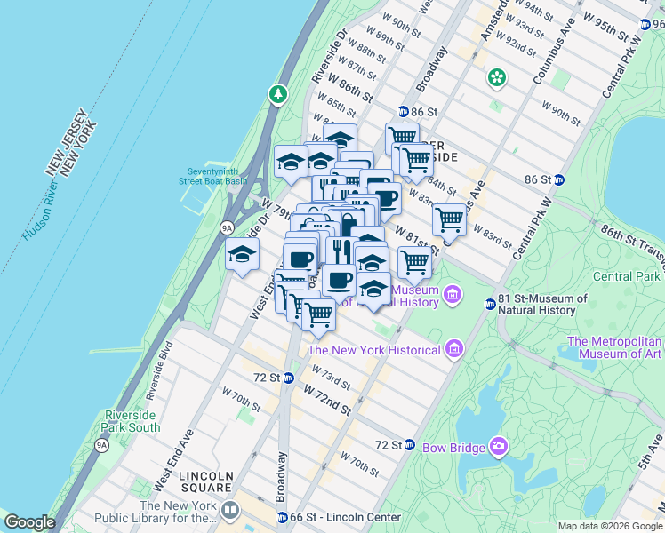 map of restaurants, bars, coffee shops, grocery stores, and more near 2218 Broadway in New York