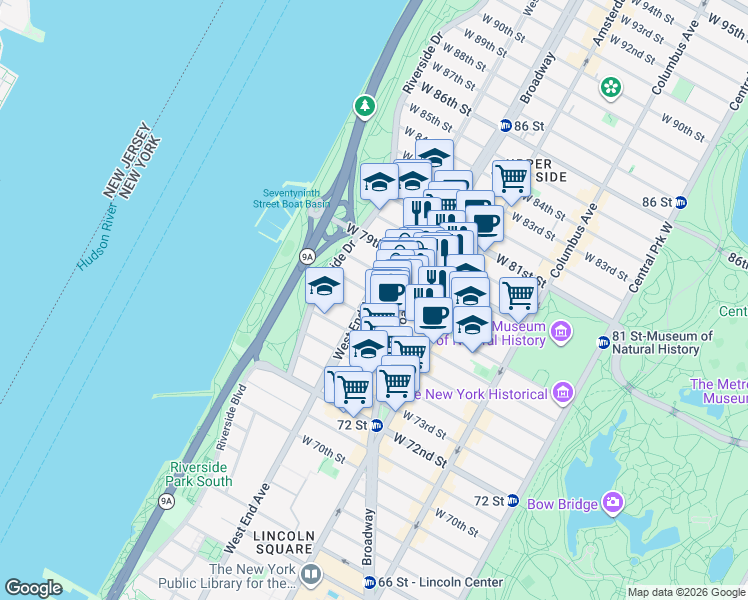map of restaurants, bars, coffee shops, grocery stores, and more near in New York