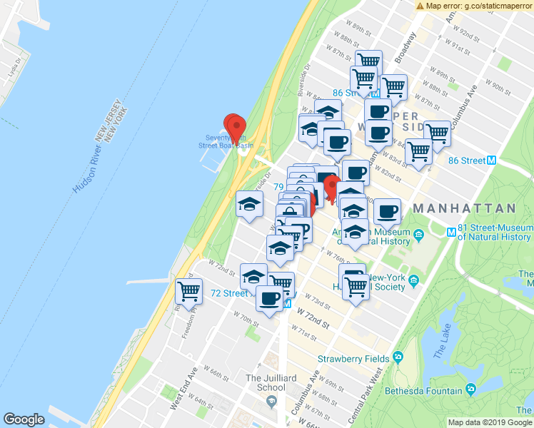map of restaurants, bars, coffee shops, grocery stores, and more near 321 West 77th Street in New York