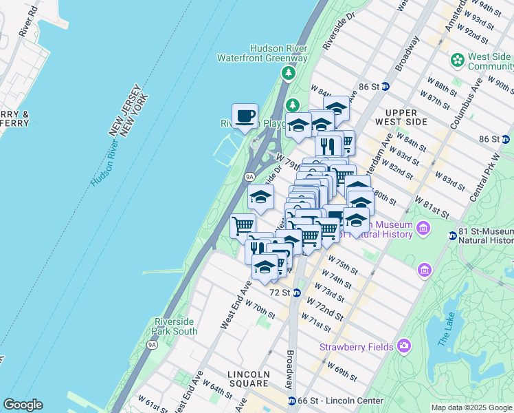 map of restaurants, bars, coffee shops, grocery stores, and more near 40 Riverside Drive in New York