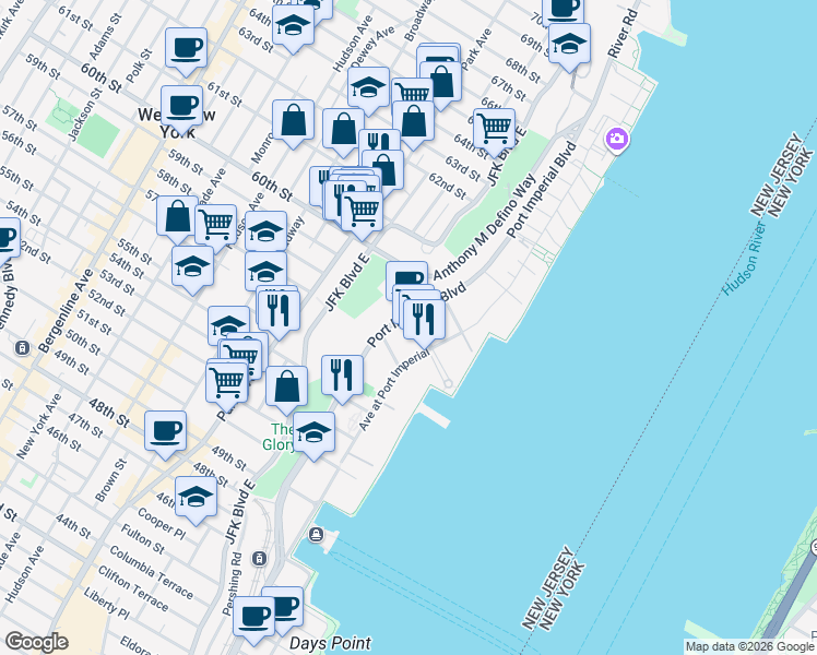 map of restaurants, bars, coffee shops, grocery stores, and more near 55-1 Riverwalk Place in West New York