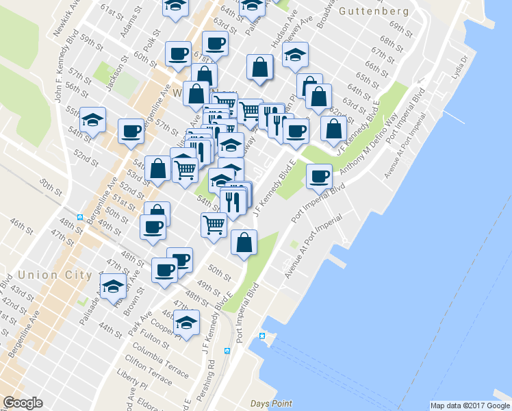 map of restaurants, bars, coffee shops, grocery stores, and more near 5601-15 Park Avenue in West New York