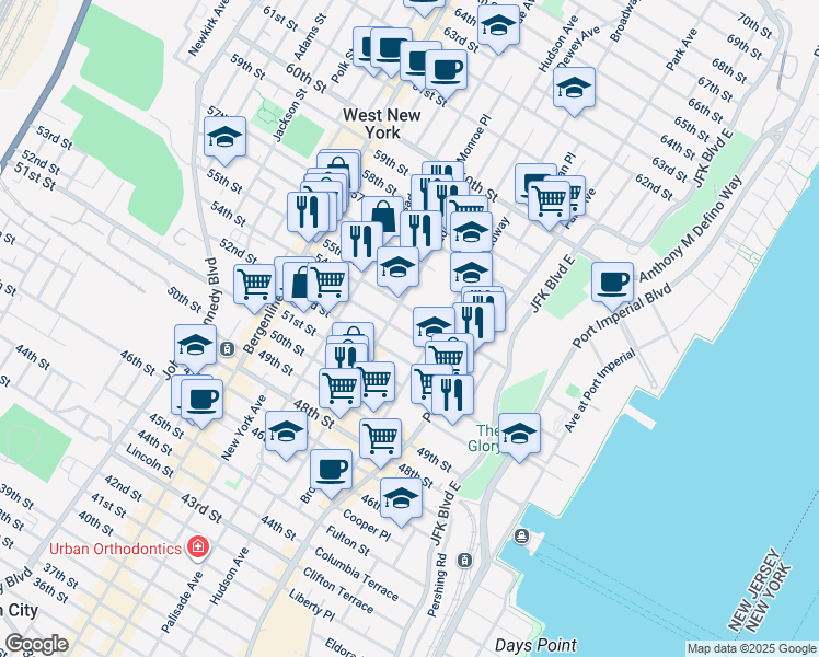map of restaurants, bars, coffee shops, grocery stores, and more near 234 54th Street in West New York
