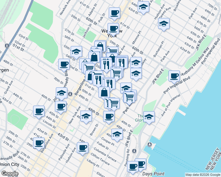 map of restaurants, bars, coffee shops, grocery stores, and more near 5311 Hudson Avenue in West New York