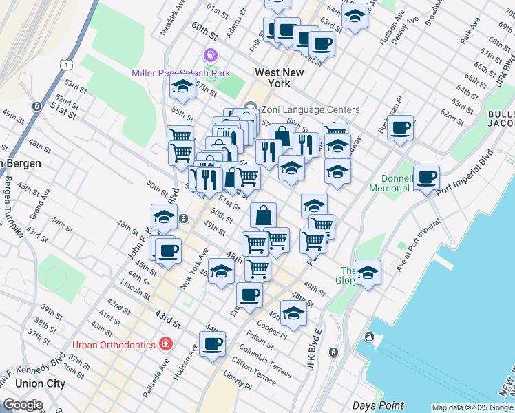 map of restaurants, bars, coffee shops, grocery stores, and more near in West New York