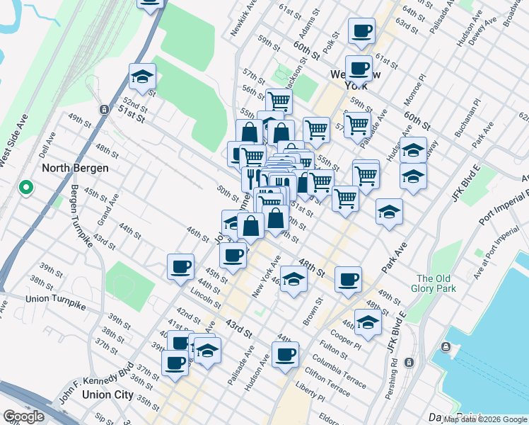 map of restaurants, bars, coffee shops, grocery stores, and more near 529 51st Street in West New York