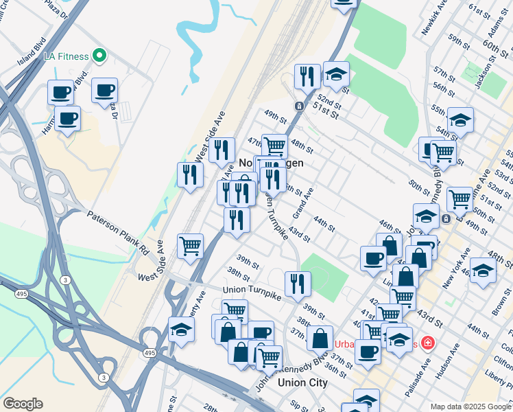 map of restaurants, bars, coffee shops, grocery stores, and more near 1821 44th Street in North Bergen
