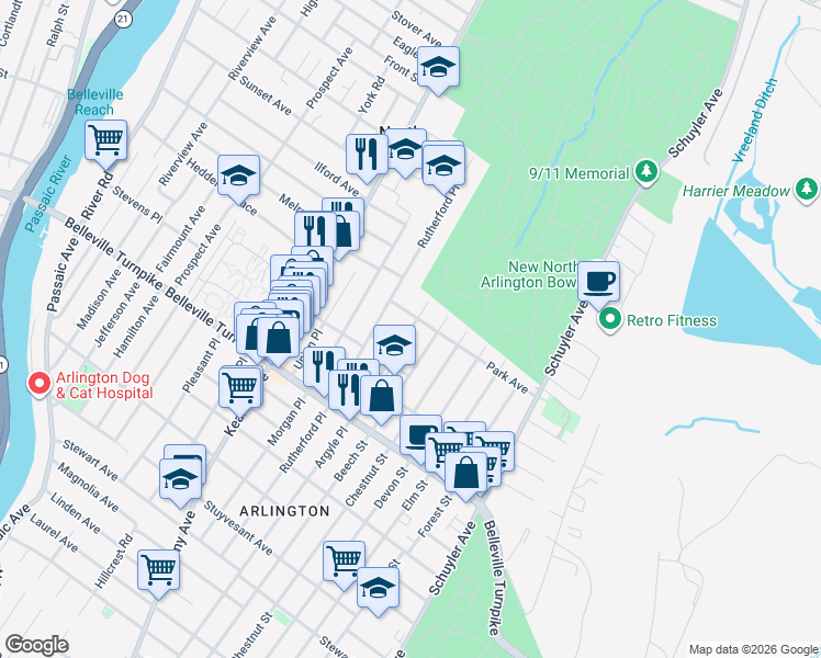 map of restaurants, bars, coffee shops, grocery stores, and more near 18 Park Avenue in North Arlington