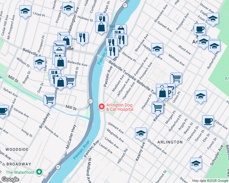 map of restaurants, bars, coffee shops, grocery stores, and more near 31 Webster Avenue in Kearny