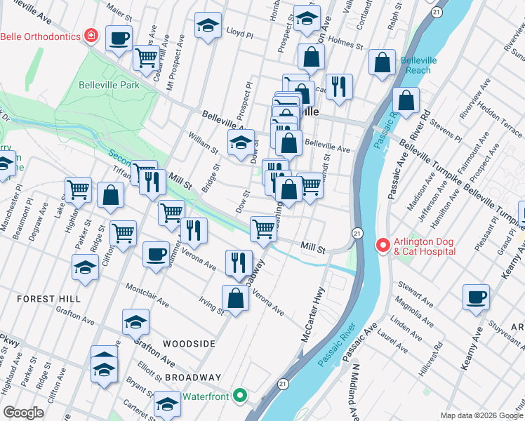 map of restaurants, bars, coffee shops, grocery stores, and more near 34 Van Rensselear Street in Belleville