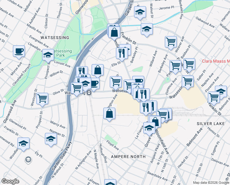 map of restaurants, bars, coffee shops, grocery stores, and more near 17 Grace Street in Bloomfield