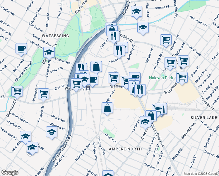 map of restaurants, bars, coffee shops, grocery stores, and more near 15 Ella Street in Bloomfield