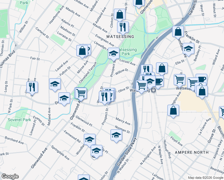 map of restaurants, bars, coffee shops, grocery stores, and more near 12 Prospect Street in Bloomfield