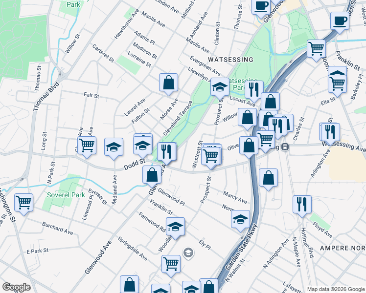 map of restaurants, bars, coffee shops, grocery stores, and more near 490 Glenwood Avenue in East Orange